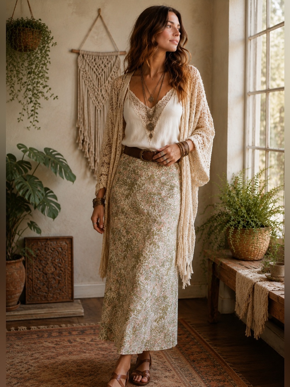 April Cornell Floral Skirt in Sage, Peach, Cream